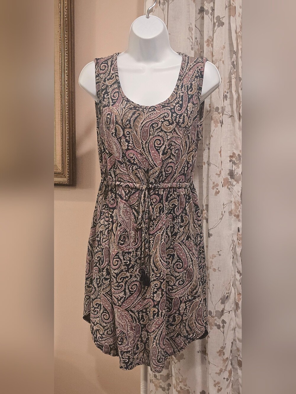 Lucky Brand Sleeveless Paisley Tie-Waist Mini Dress in Black, Pink, Cream